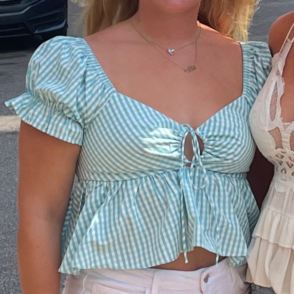 Blue and white gingham cropped top